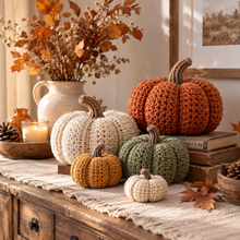 Crochet pumpkins styled as cozy fall home decor