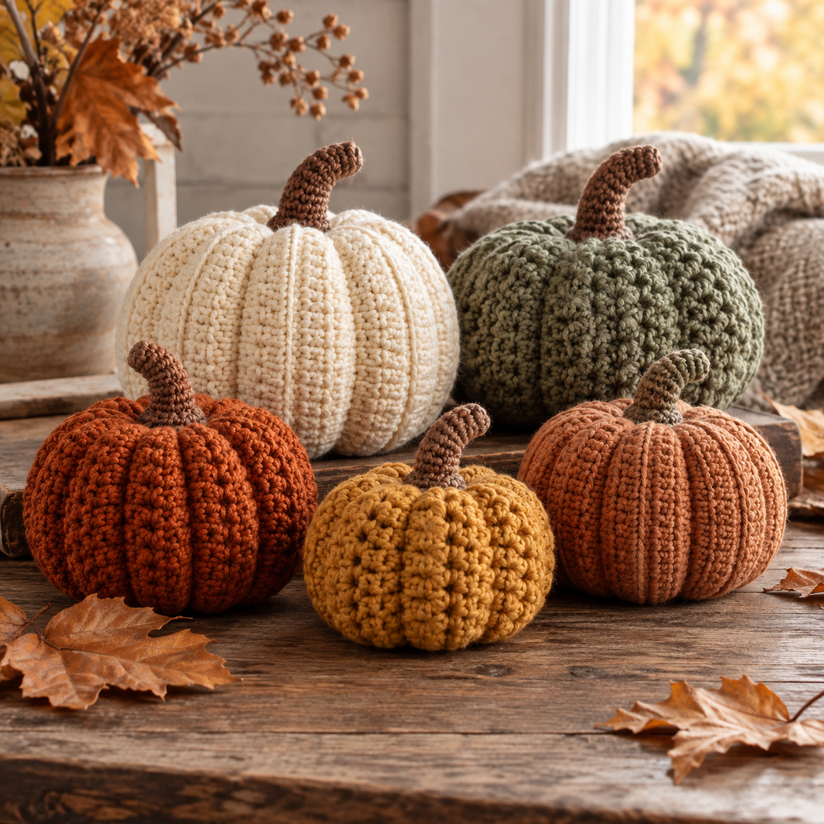 Crochet pumpkin pattern in multiple autumn colors and sizes