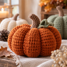 Close-up of textured orange crochet pumpkin
