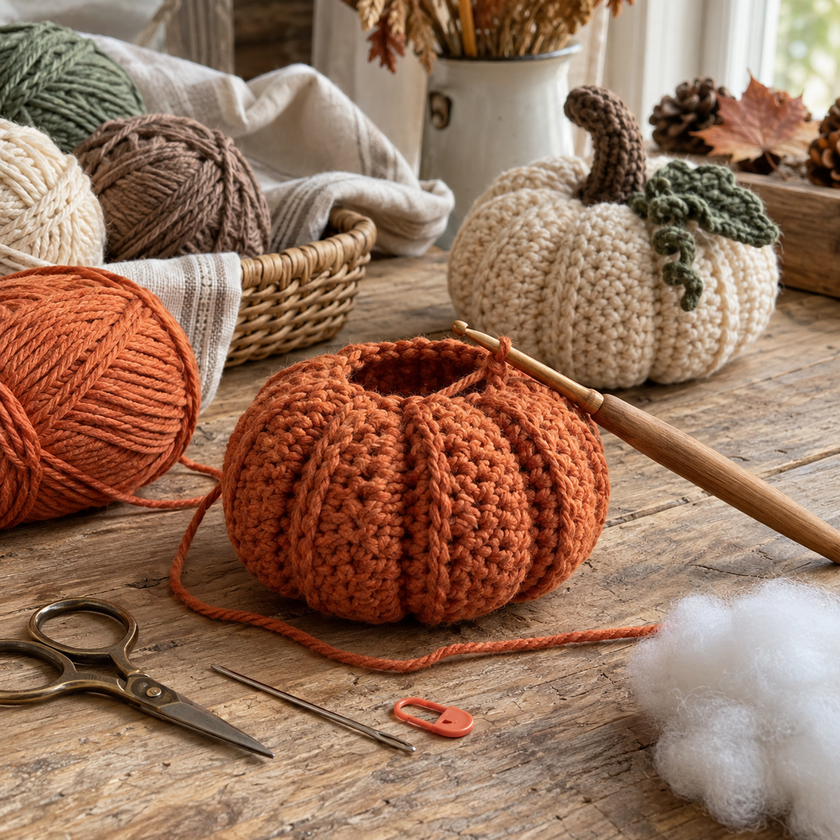 Crochet pumpkin project with yarn hook stuffing and tools